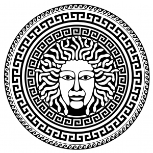 Medusa No Centro De Um Círculo De Motivos Tipicamente Gregos