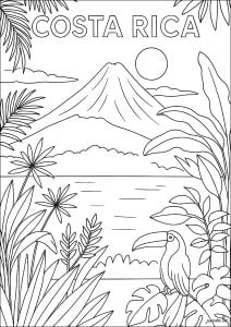 Aventura tropical na Costa Rica, América Central. Esta ilustração mostra uma paisagem rica em vegetação, com um majestoso vulcão ao fundo e um tucano num ramo.
Apesar da sua pequena dimensão, a Costa Rica possui cerca de 5% da biodiversidade mundial. O vulcão Arenal, um dos mais famosos da Costa Rica, esteve em erupção quase constante de 1968 a 2010.
Os tucanos, como o que aparece nesta página para colorir, usam os seus grandes bicos para regular a temperatura corporal, um exemplo fascinante de adaptação natural. Aventura Tropical Na Costa Rica, América Central