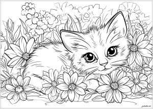 Gatinho para colorir, rodeado de lindas flores