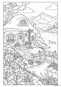 Casa com jardim perto de uma ponte. Uma pequena casa com telhado arredondado e flores na frente. Uma ponte de madeira atravessa um riacho com patos.