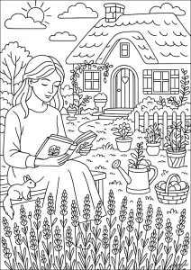Um momento de leitura no chalé. Uma jovem lê pacificamente num banco em frente a uma casa tradicional rodeada de lavanda. Um esquilo curioso e um regador completam esta cena bucólica do campo.