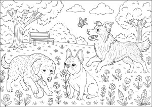 Página para colorir: Cachorros - 1. 威厳のあるマンタが、生命で溢れるサンゴ礁を優雅に泳ぎ回る。熱帯魚、気泡、そして水中に差し込む光が、心安らぐ細部まで描かれた海底の情景を創り出している。 Cachorros 76423