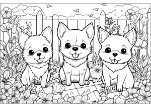 Três cachorrinhos giros num jardim