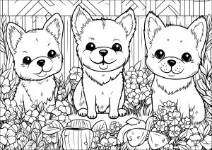 Três cães pequenos num jardim de flores