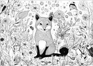 Raposa Entre Flores, Folhas E Pássaros