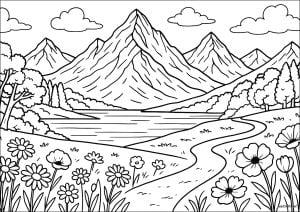 Paisagem montanhosa com lago, flores e caminho