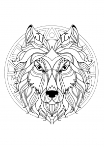 Mandala com bela cabeça de lobo e magníficos padrões geométricos