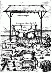 Gravura Medieval De Caldeirões E Outros Utensílios De Cozinha