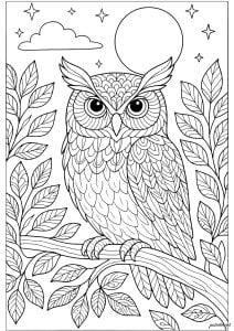 Coruja Sábia sob a Lua. Uma coruja majestosa com penas detalhadas repousa em um galho cercado por folhas ornamentais. A lua cheia e as estrelas cintilantes criam uma ambiência noturna pacífica, perfeita para relaxamento criativo. Coruja sábia sob a lua