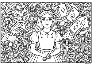 Alice no País das Maravilhas com cogumelos, cartas e gato
