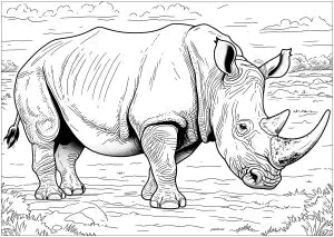 Desenho realista de um rinoceronte no seu habitat natural