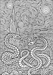 Serpentes Entrelaçadas Sob um Céu Giratório (inspiração em Van Gogh)