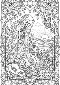 Transformação. Um jardineiro esquelético semeia novas sementes enquanto uma borboleta emerge do casulo. Uma página de colorir sobre renovação e os ciclos da vida.