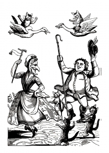 Xilogravura Com Duas Personagens E Gatos