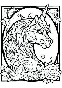 Vitral Imaginário Com Unicórnio De Perfil E Bonitas Flores
