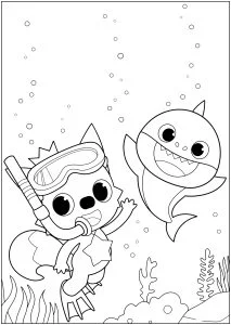 Baby shark con pinkfong e i suoi accessori per immersioni subacquee.