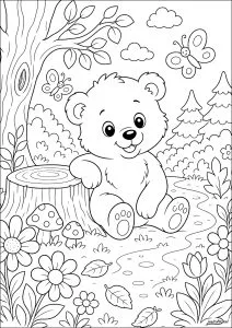 Orso seduto vicino a un tronco d'albero
