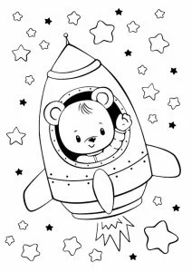 Piccolo orso in un razzo, pronto a esplorare lo spazio.