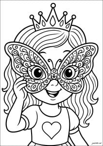 Una piccola principessa con una grande maschera da farfalla
