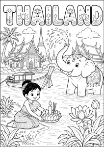 Thailandia: Ragazza ed elefante vicino a un tempio