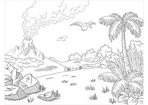 Diplodocus e velociraptor, in fuga da un vulcano in eruzione.