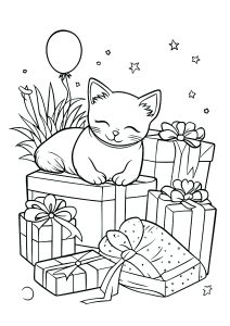 Un Gatto E Molti Regali Impacchettati.