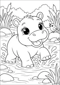 Cucciolo di ippopotamo nell'acqua con un uccello. Un piccolo ippopotamo si diverte nell'acqua, schizzando tutto intorno a sé, con un uccello posato su una roccia accanto.
