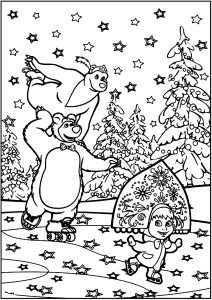 Meraviglioso disegno da colorare con masha e orso e la loro amica.