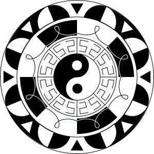Il famoso simbolo yin & yang integrato in un bel mandala in bianco e nero.