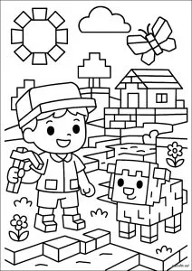 Bambino e pecora cubici davanti a una casa. Colorazione originale ispirata a Minecraft. Un bambino sorridente con un piccone accanto a una pecora. Una casa e una farfalla si trovano sullo sfondo.