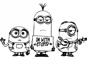 Pagina da colorare con molti minion e un minion robot