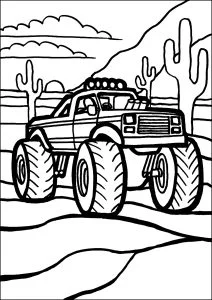 Un monster truck dalle linee molto spesse, nel deserto.
