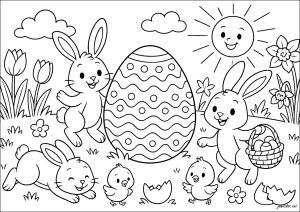 Conigli gioiosi e uova di Pasqua