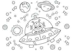 Außerirdischer In Einer Fliegenden Untertasse Inmitten Von Planeten