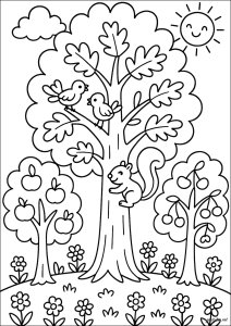 Eiche, Apfelbaum und Kirschbaum mit ihren Tierfreunden