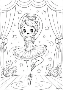 Anmutige verzauberte Sternentänzerin. Junge Ballerina auf der Bühne, umgeben von Sternen und Vorhängen. Lächelnd führt sie eine zierliche Pirouette auf einem Holzboden aus.