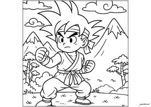 Son goku in einer berglandschaft