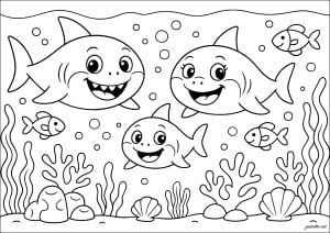 Die Haifamilie. Tritt Papa Hai, Mama Hai und Baby Hai auf ihr Unterwasserabenteuer bei. Sie sind umgeben von lächelnden Fischen, tanzenden Algen und Blasen, die zur Oberfläche aufsteigen. Die haifamilie