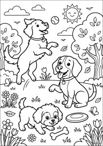 Drei Hunde spielen im Park
