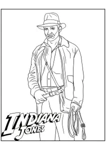 Einfaches ausmalbild von indiana jones mit seinem lasso und seiner legendären kleidung.