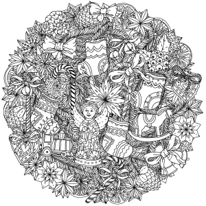 49525227   Weihnachtskranz Mit Dekorativen Elementen, Schwarz Und Weiß. Ideal Für Ihr Design, Textilien, Poster, Malbuch.