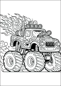 Monstertruck Mit Flammen, Die Aus Seinen Riesigen Auspuffrohren Kommen.