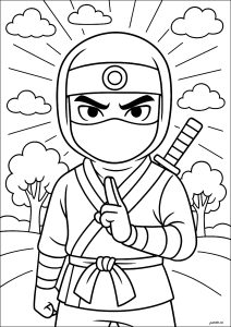 Einfacher Ninja Zum Ausmalen, Mit Schöner Landschaft Im Hintergrund