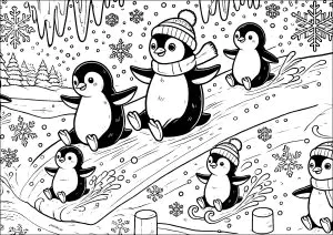 Sechs Pinguine Beim Rutschen