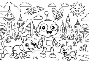 Roboterfamilie in einer futuristischen stadt