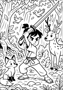 Junger Samurai beim Schwerttraining in einem Wald