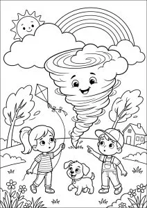 Kinder mit einem Drachen und einem Tornado