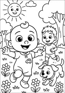 和一位朋友和他的狗一起. 孩子们在阳光明媚的公园里快乐地玩耍,一只小狗在他们周围跑来跑去。背景中点缀着鲜花和树木,构成了完整的景观。
灵感来源于可可瓜的绘画。 可可瓜与一位朋友和他的狗