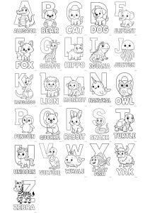 动物字母表. A到Z的字母,每个字母对应一种以该字母开头的动物。
由你来为它们全部上色! 动物字母表