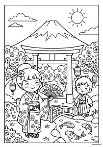 穿和服的孩子在桥边，背景是富士山. 两个穿着和服的孩子站在一座小桥前，水里有锦鲤。也请给背景中的富士山上色，营造100%日本氛围。